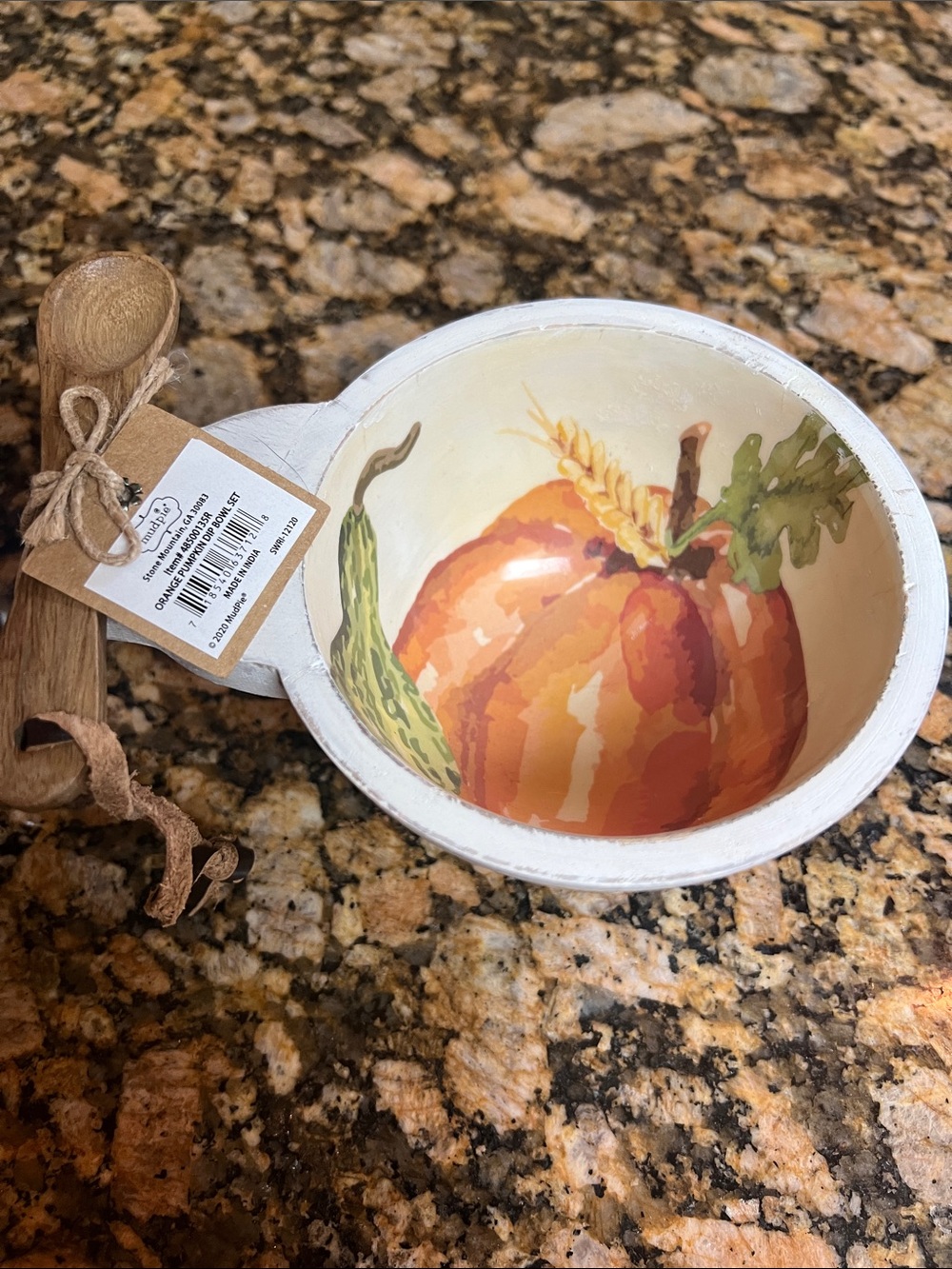 Mud Pie White Serving Bowl with Orange Pumpkin and Green Gourd Accent